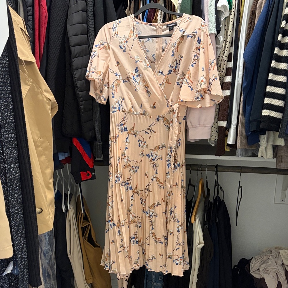 Boohoo Peach Floral Wrap Midi Dress